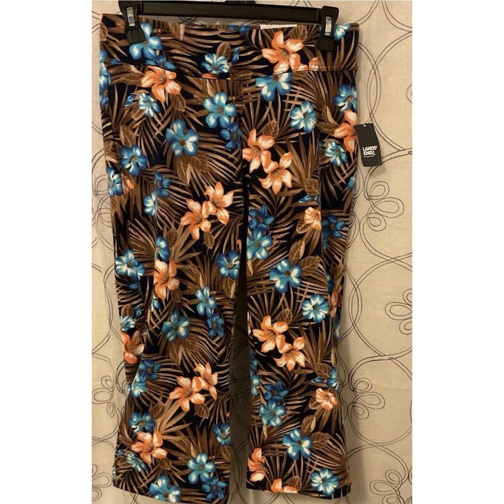 Lands‎ End Womens Starfish Mid Rise Crop Pants Deep Sea Navy Tropical Palm S/P